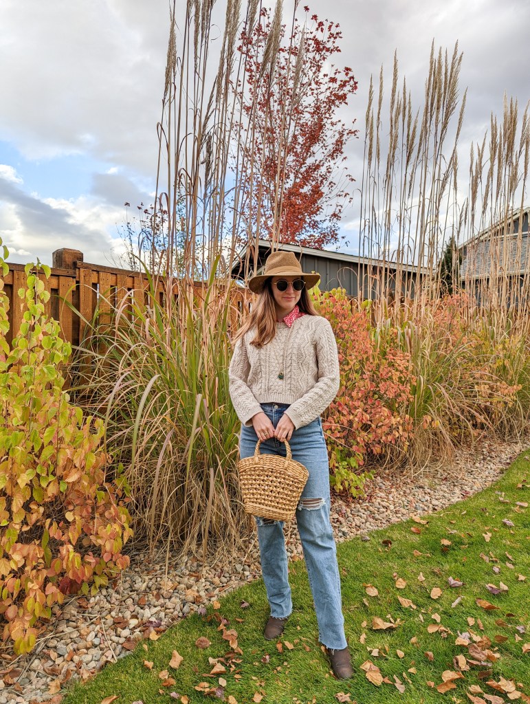 brown-booties-express-denim-straw-purse-thrifted-western-inspired