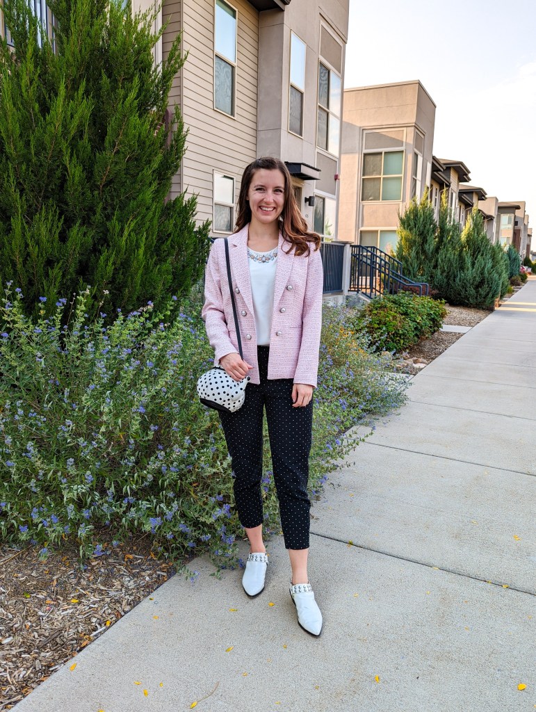 pink-blazer-white-thrifted-blouse-polka-dot-pants-white-mules
