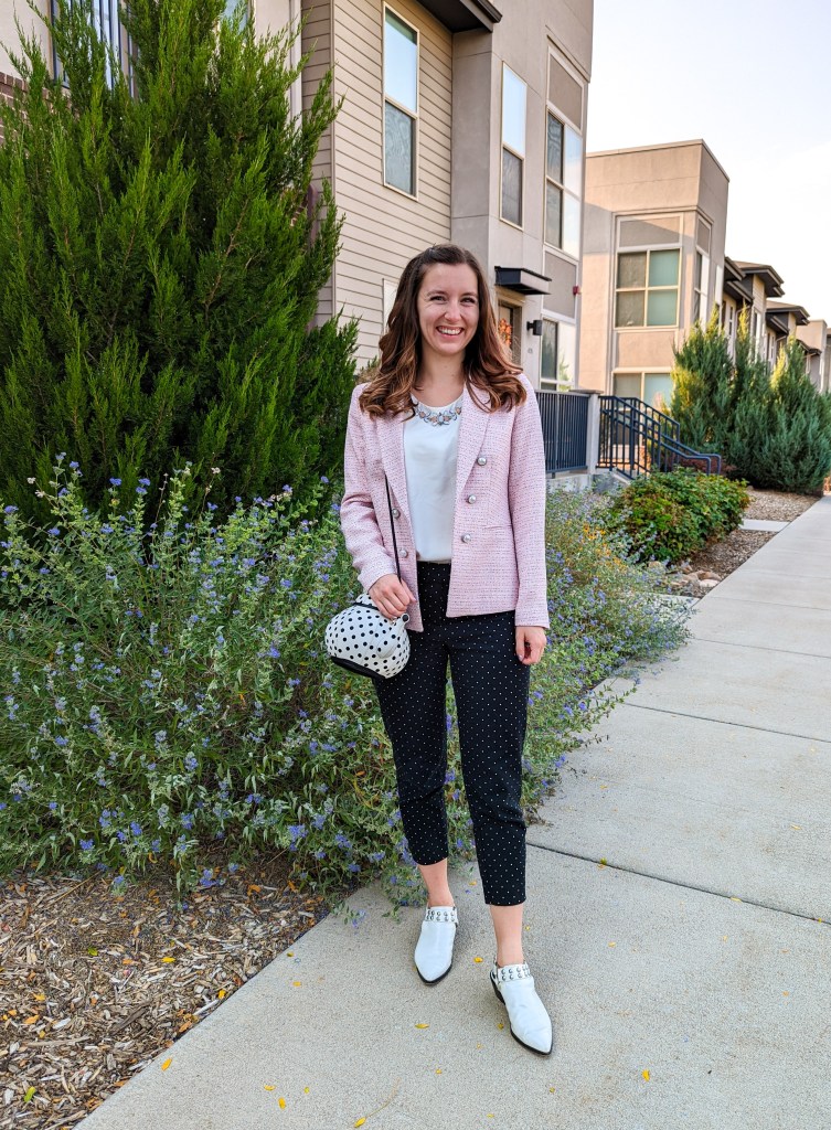 chic-business-outfit-pink-blazer-polka-dots-pants-white-mules