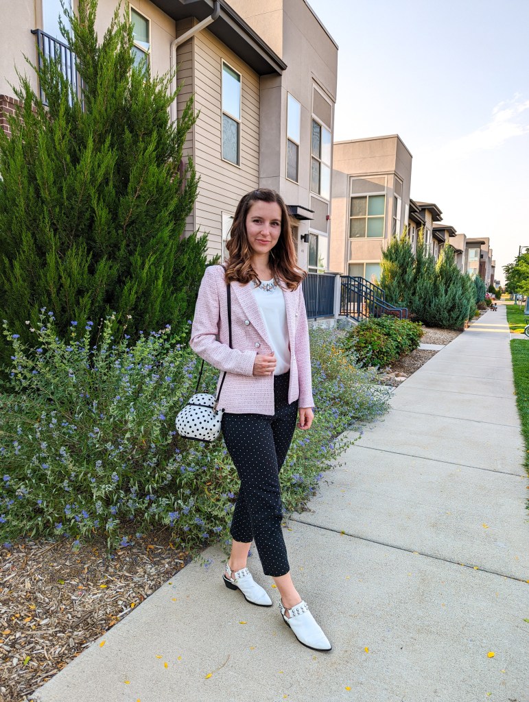 kate-spade-tea-kettle-purse-pink-blazer-white-mules