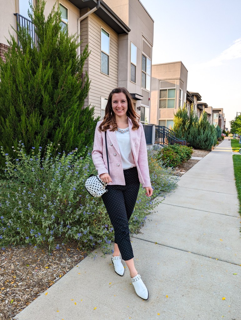 white-mules-polka-dot-pants-pink-blazer
