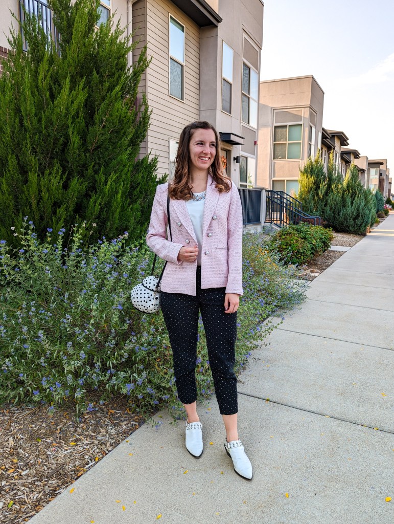 pink-tweed-blazer-polka-dot-trousers-work-outfit-business-attire