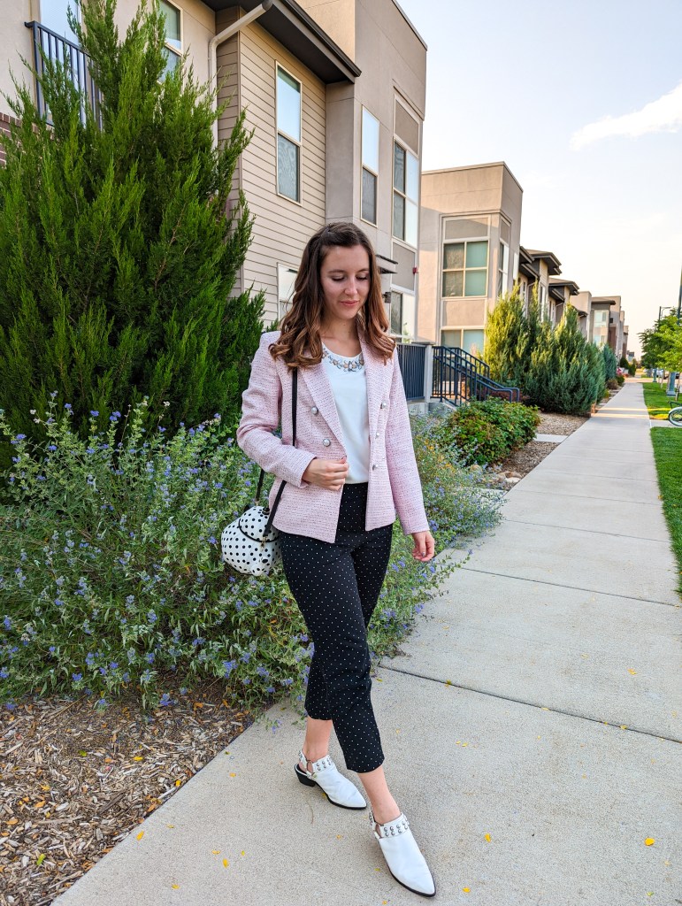 polka-dots-white-mules-pink-blazer-work-wear