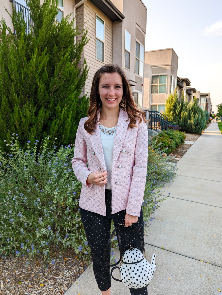 pink-tweed-blazer-polka-dot-pants-tea-kettle-purse