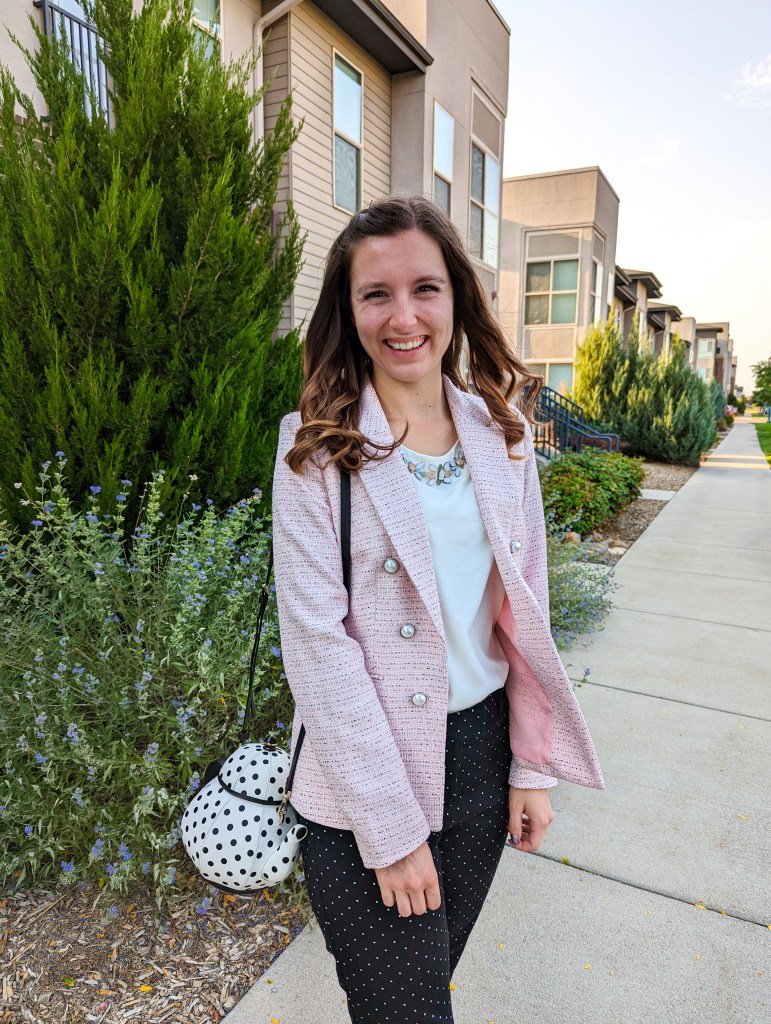 kate-spade-purse-pink-blazer-macys-white-thrifted-blouse-polka-dots