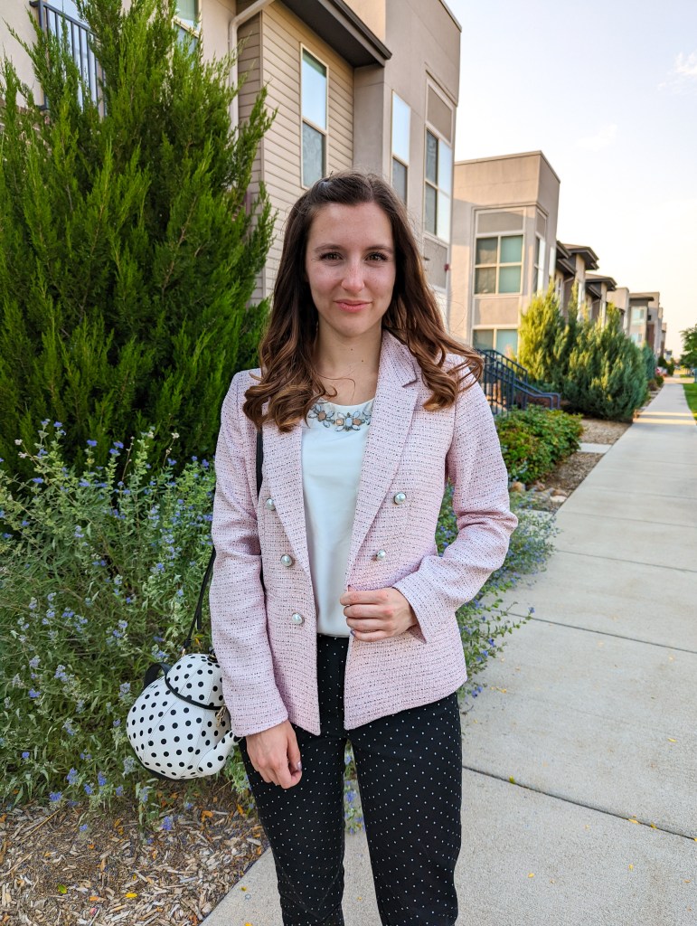 pink-tweed-blazer-pearl-buttons-tea-kettle-purse-kate-spade