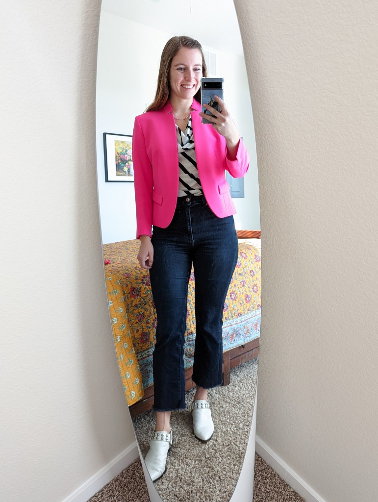 pink-blazer-striped-cowl-blouse-cropped-flared-jeans-white-mules