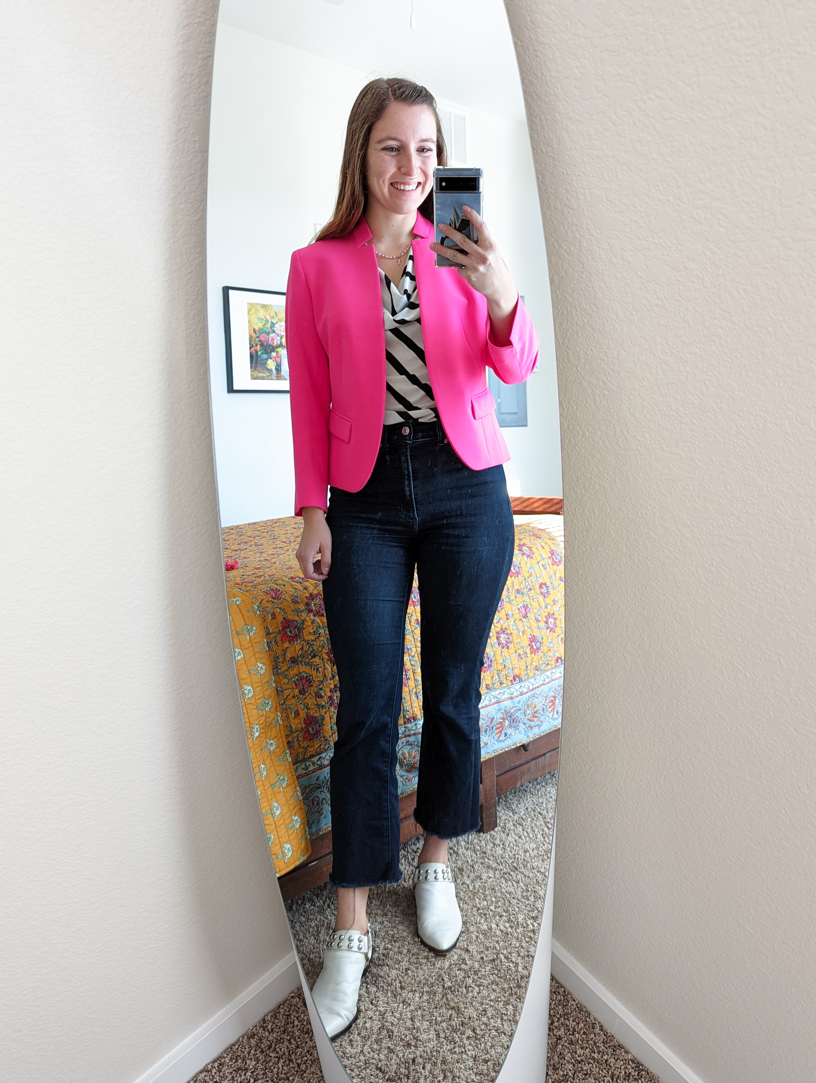 pink-blazer-striped-cowl-blouse-cropped-flared-jeans-white-mules