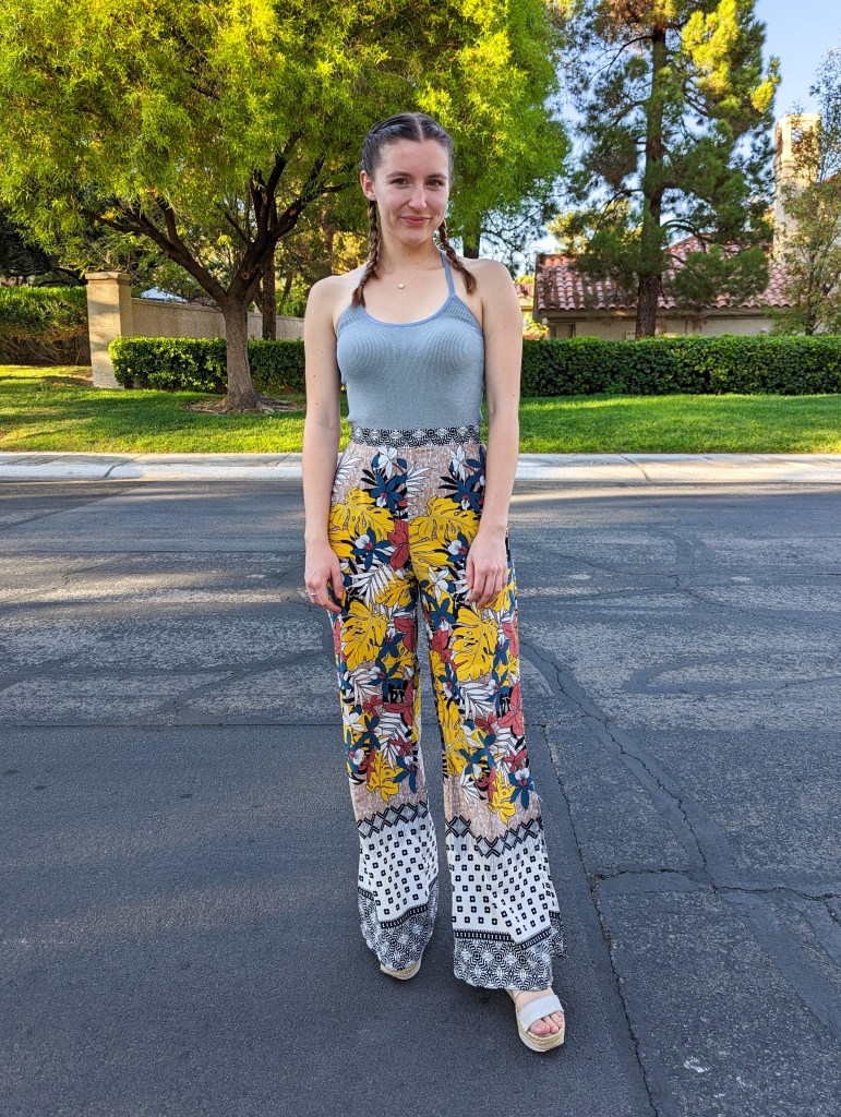 blue-ribbed-bodysuit-wayf-patterned-palazzo-pants