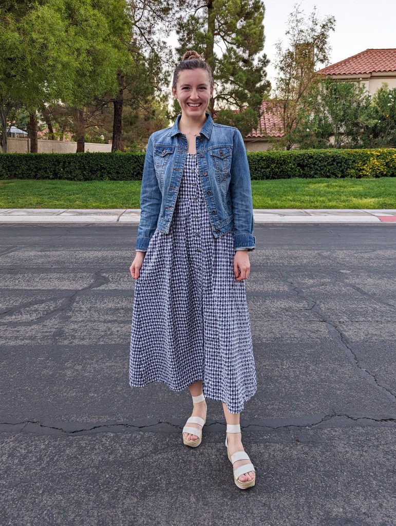 gingham-dress-thrifted-denim-jacket-white-sandals