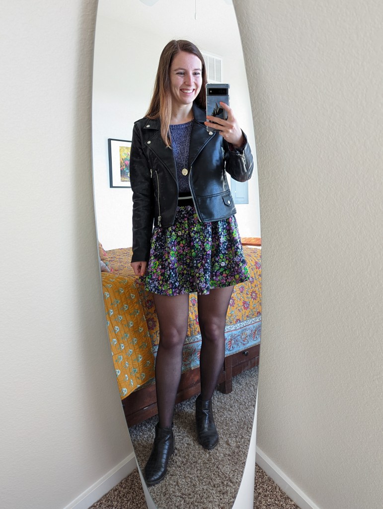 purple-sweater-black-leather-jacket-floral-skirt-black-booties