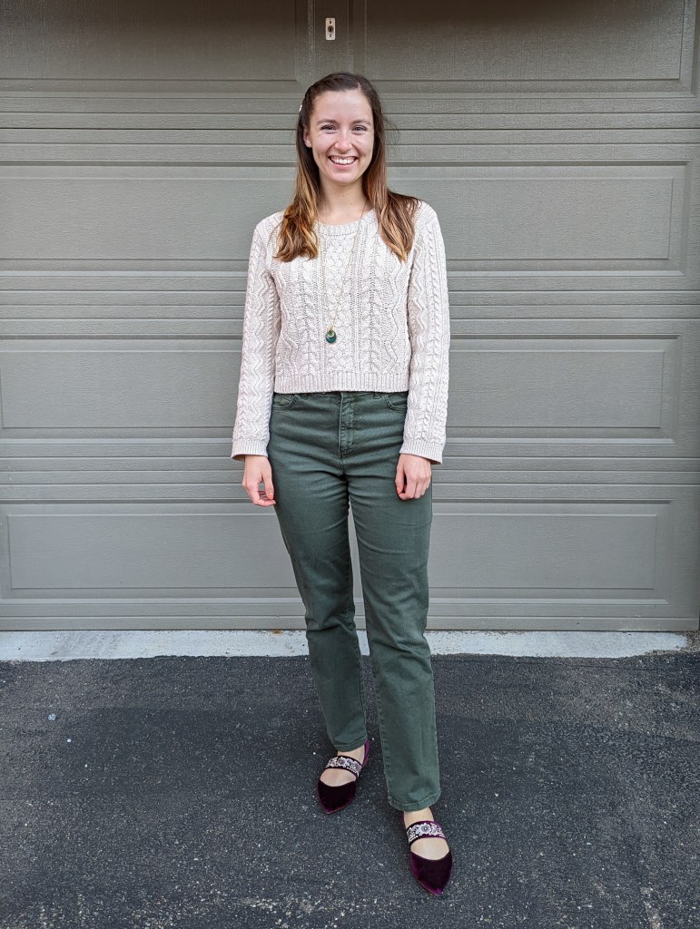 beige-sweater-olive-green-pants-magenta-velvet-flats-sundance