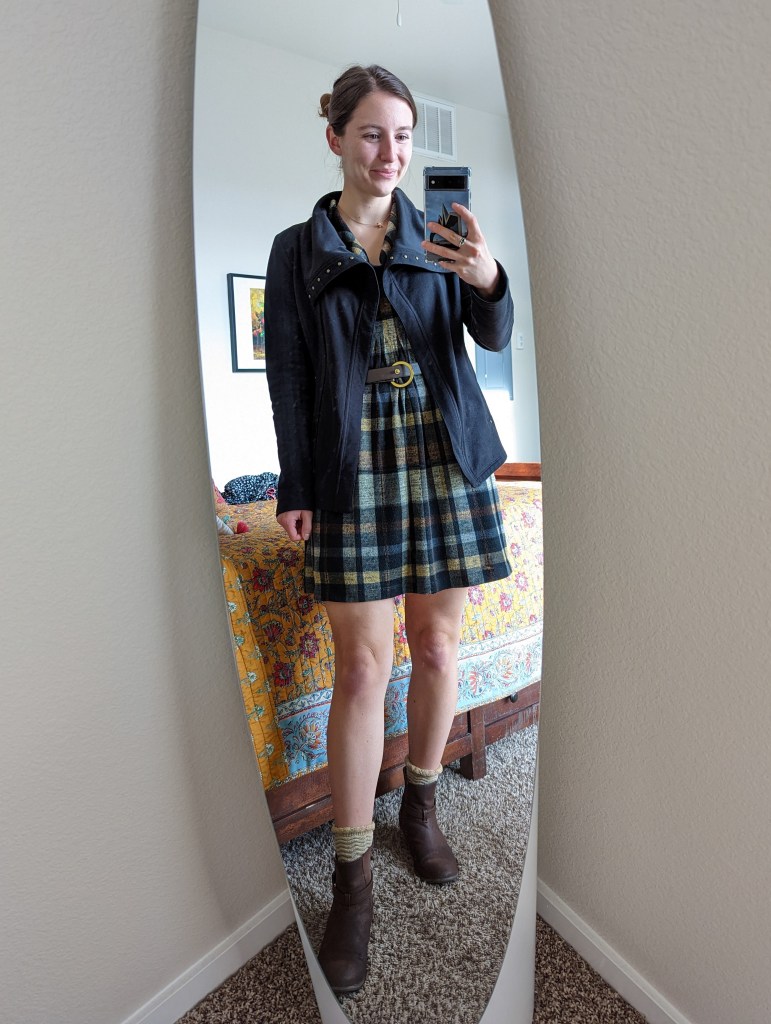 brown-plaid-dress-jcpenney-black-jacket-fall-fashion