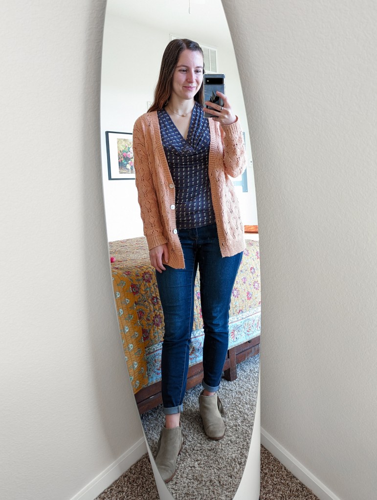 salmon-cardigan-cowl-neck-skinny-jeans