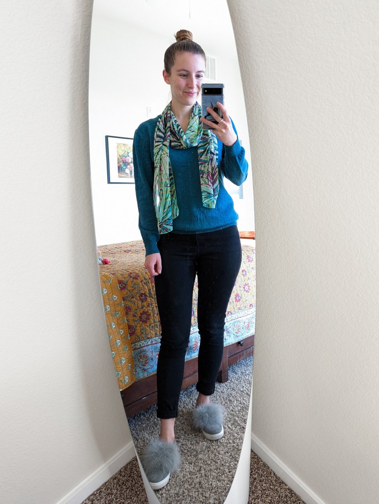 pom-pom-sneakers-teal-sweater-scarf-black-skinny-jeans