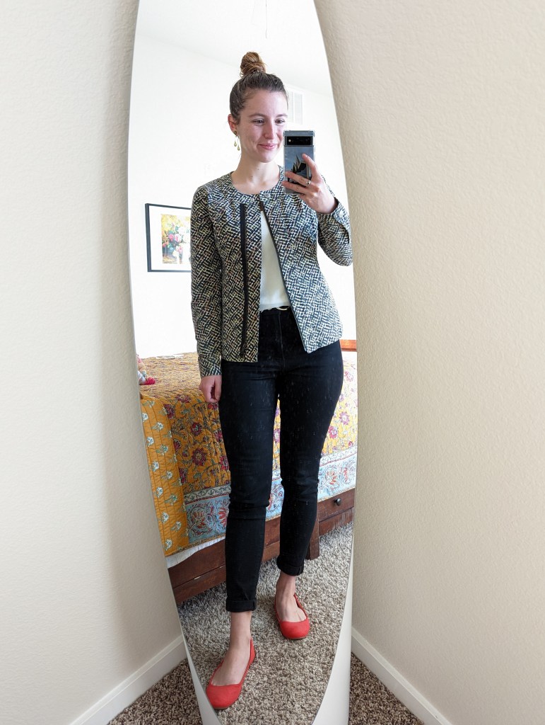 cabi-clothing-jacket-work-outfit-black-pants-orange-flats