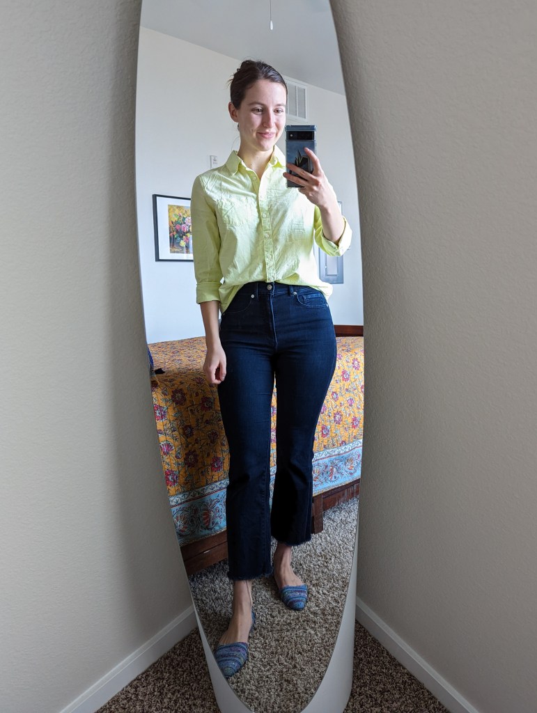 lime-green-collared-shirt-cropped-flared-jeans