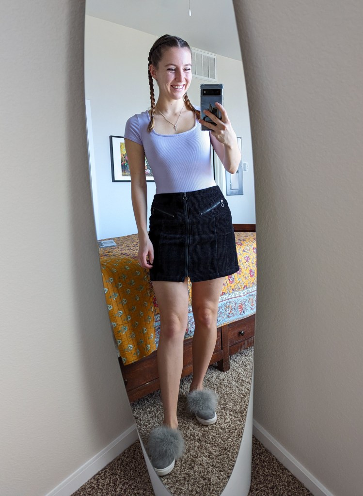 lavender-bodysuit-black-corduroy-skirt-fluffy-shoes