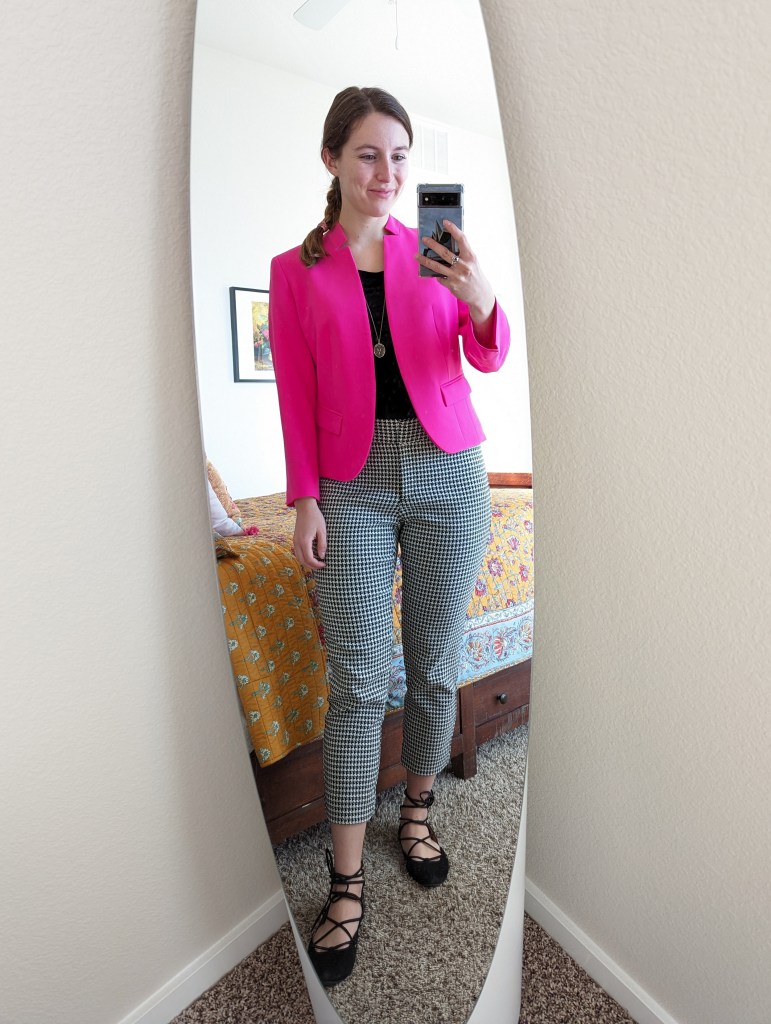 pink-blazer-work-outfit-houndstooth-pants-black-flats