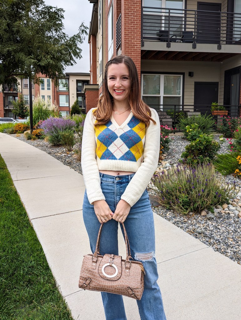 cropped-sweater-argyle-print-handbag-patent-leather