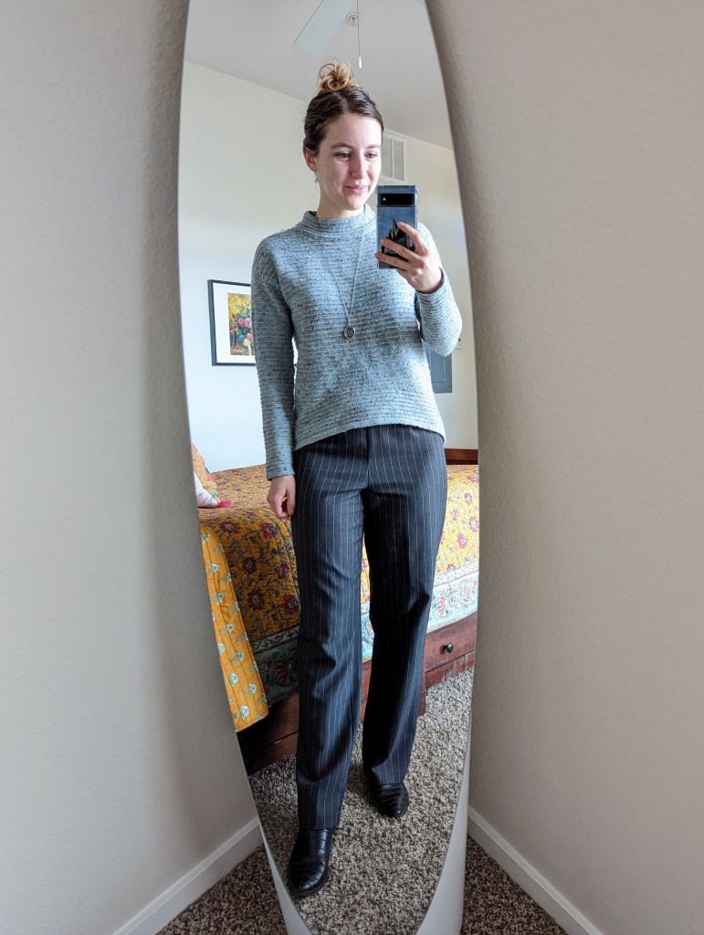 blue-sweater-striped-trousers-work-outfit-black-booties