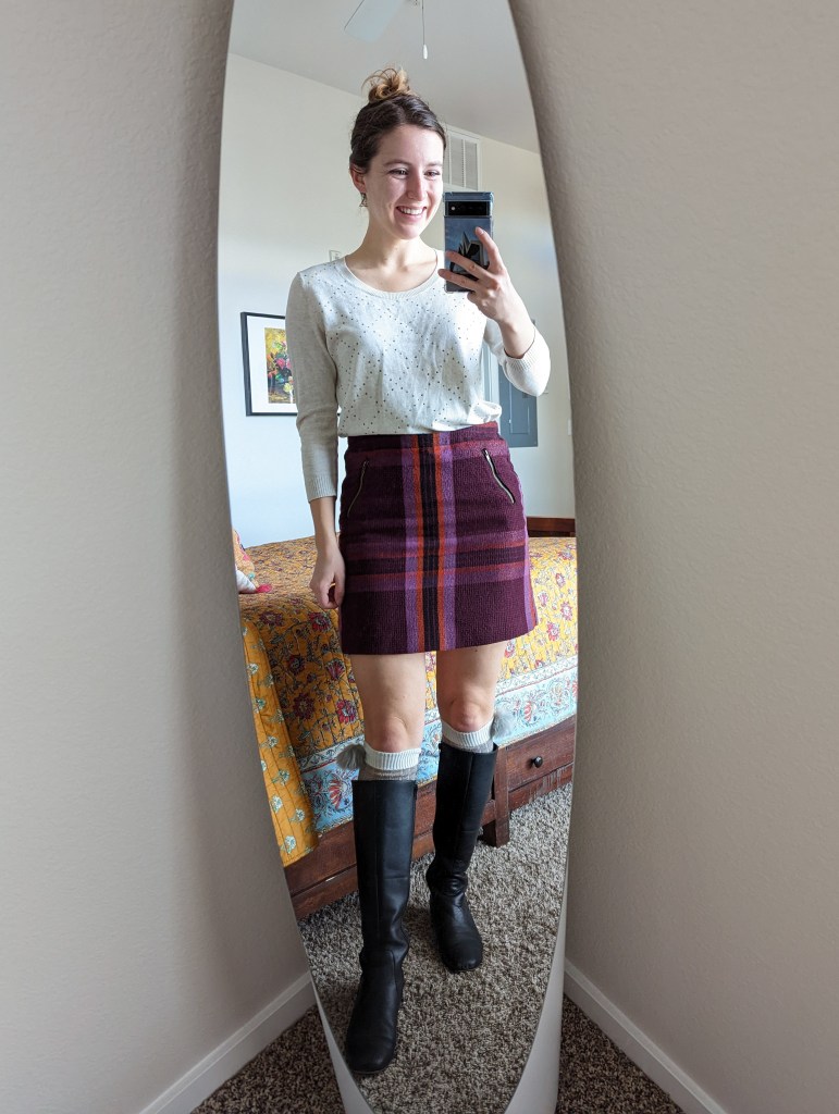 beige-sparkly-sweater-plaid-skirt-black-knee-boots