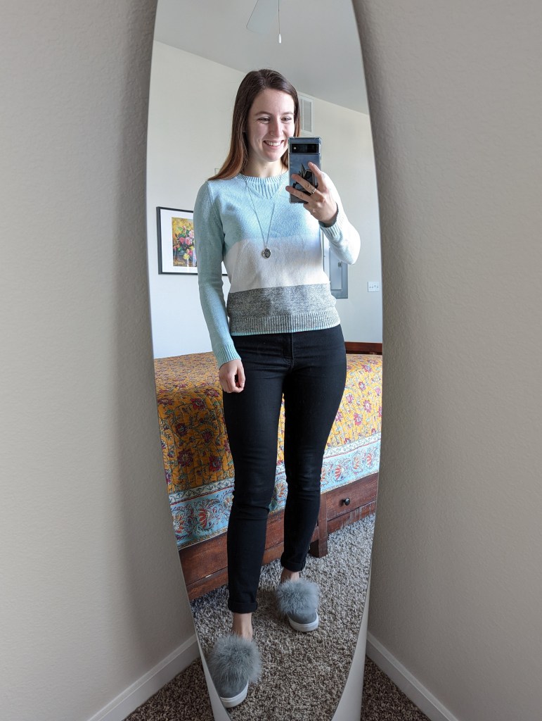 striped-sweater-gap-black-pants-furry-sneakers-steve-madden