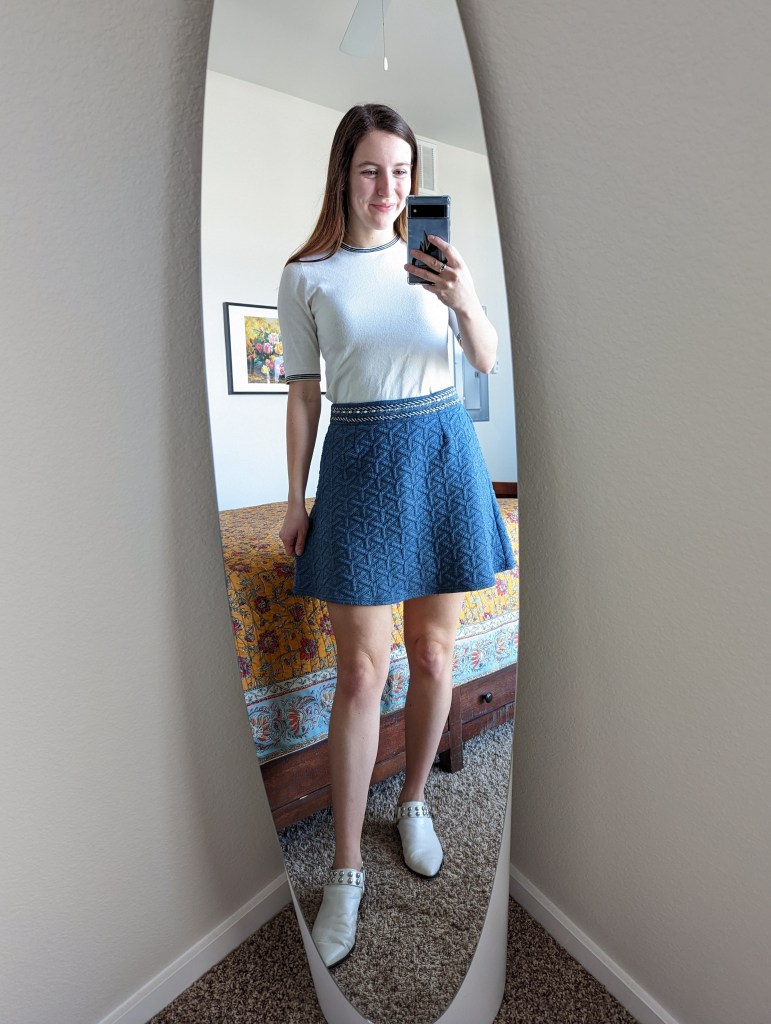 white-sweater-blue-quilted-skirt-francescas-bohme-boutique-white-mules