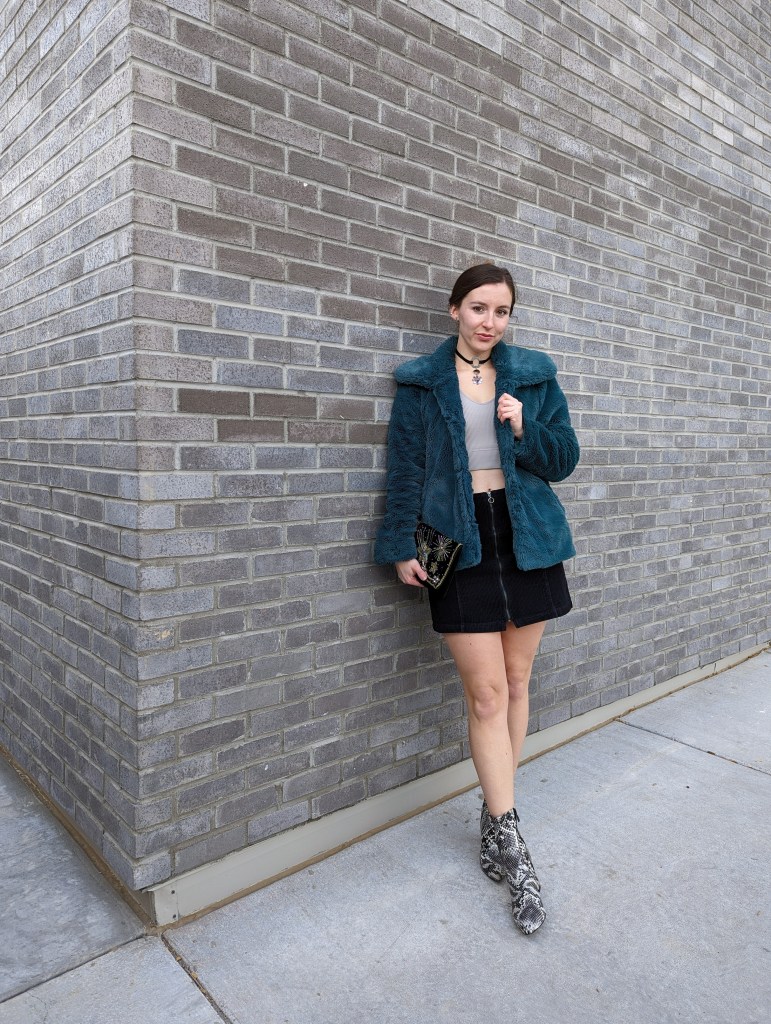 teal-faux-fur-jacket-thrifted-black-corduroy-skirt-snakeskin-booties