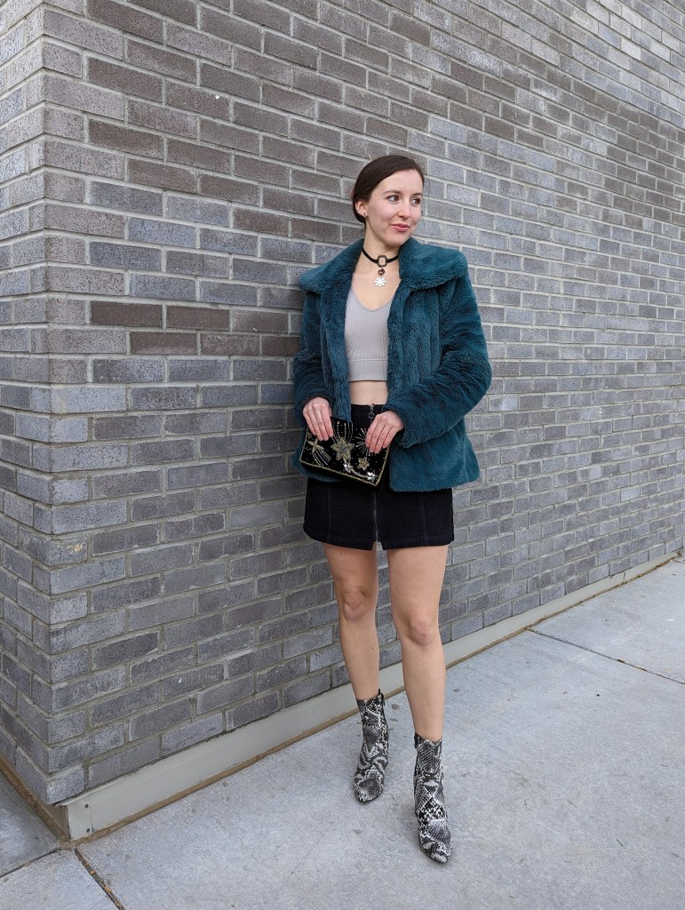 snakeskin-booties-faux-fur-coat-corduroy-skirt-sparkly-purse