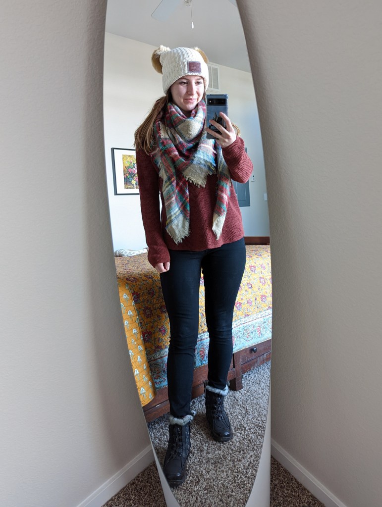 winter-outfit-plaid-blanket-scarf-black-skinny-jeans-rust-colored-sweater-love-your-melon
