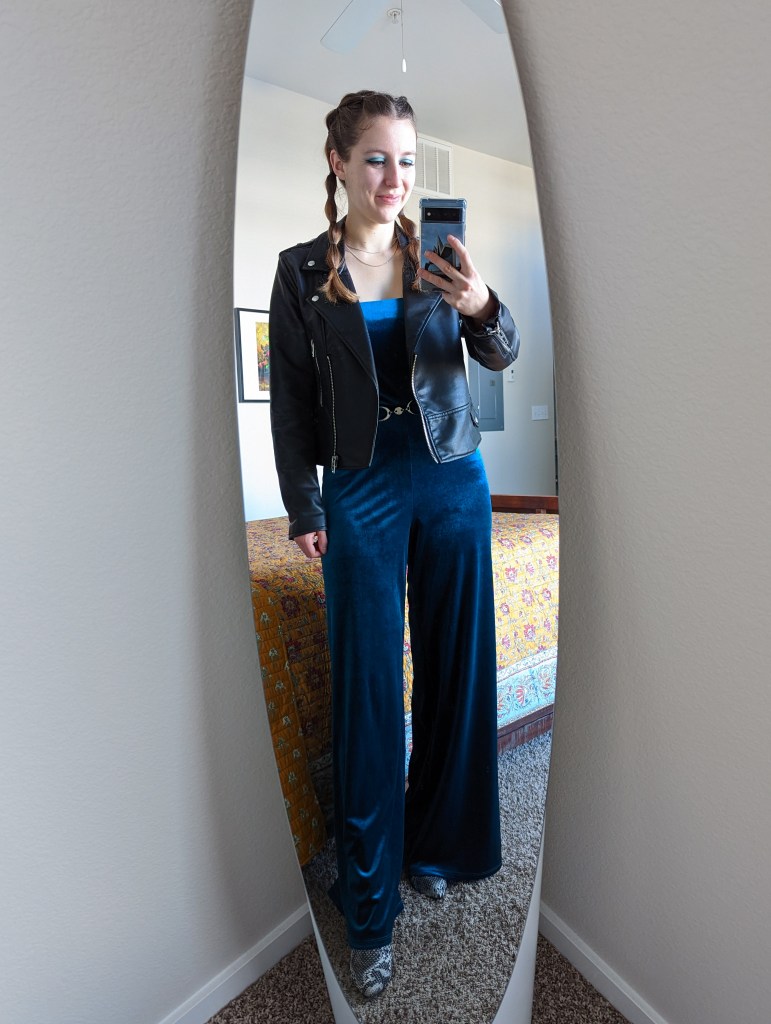 denver-fashion-week-bubble-braids-teal-velvet-jumpsuit-black-leather-jacket