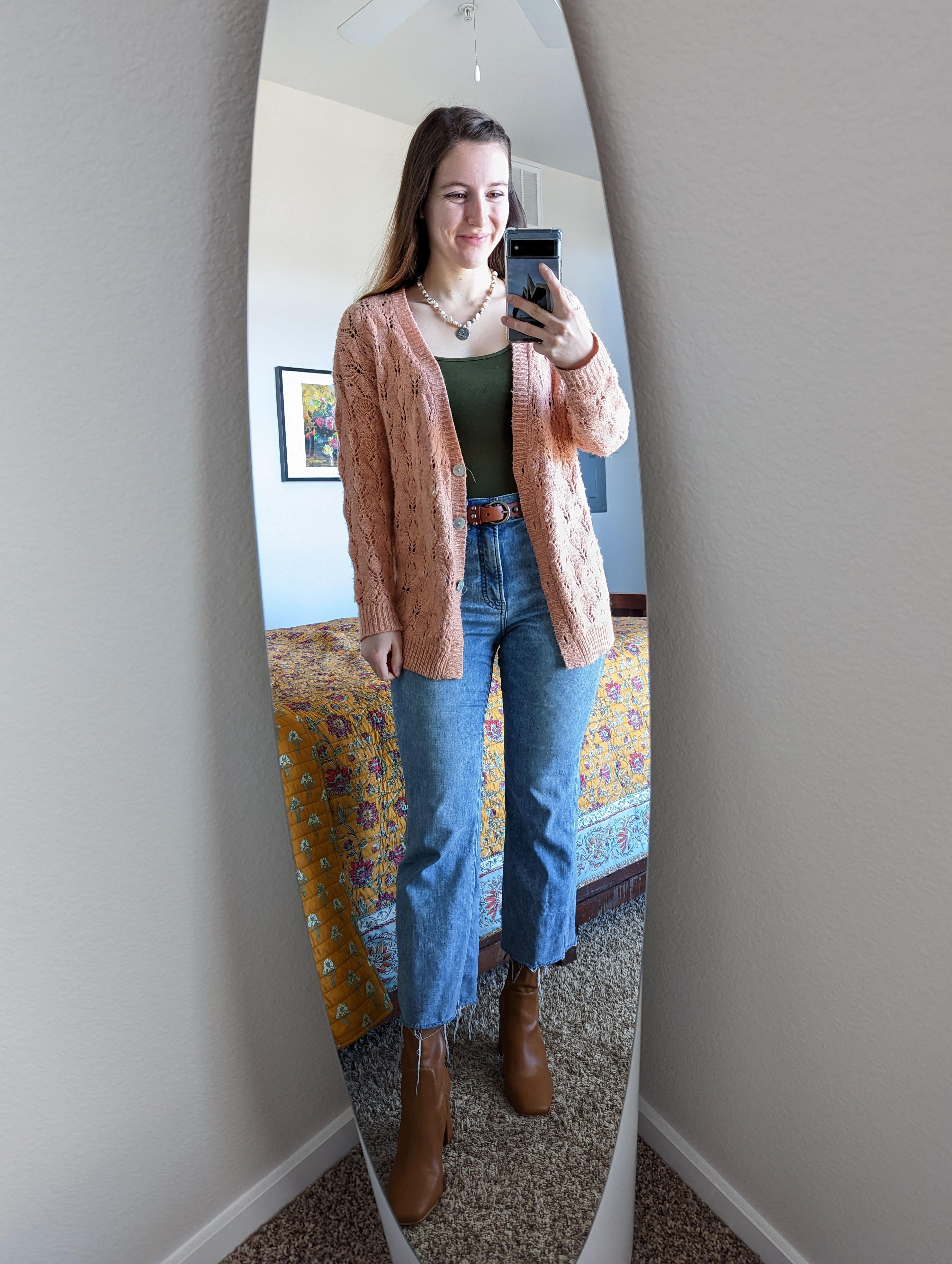 olive-green-bodysuit-peach-cardigan-cropped-flared-jeans-brown-booties-express