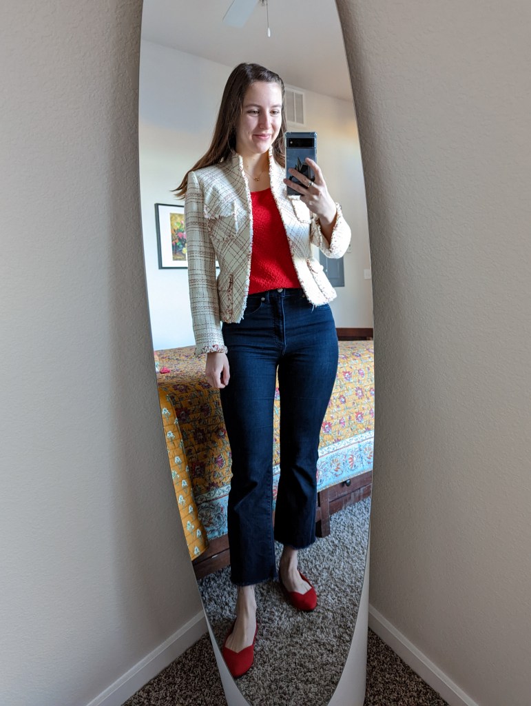 red-blouse-thrifted-blazer-poshmark-cropped-flared-jeans-rothys-flats