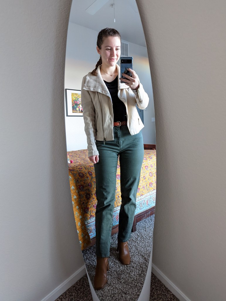 black-blouse-beige-coat-olive-green-pants-brown-booties