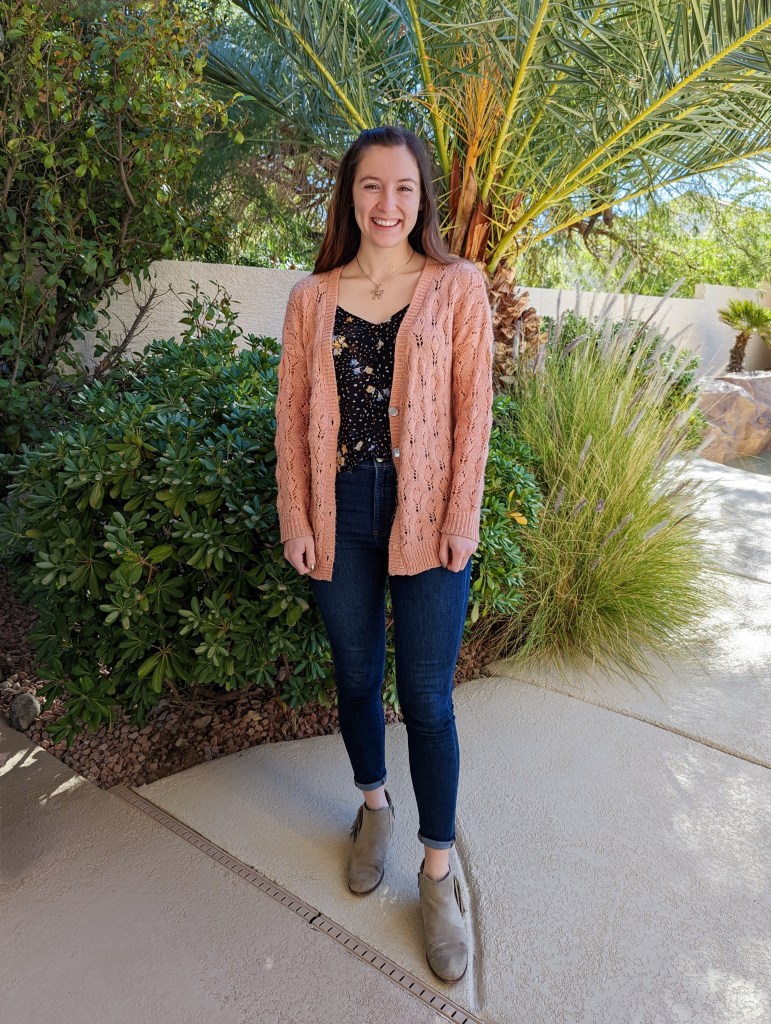 cabi-floral-blouse-salmon-colored-cardigan-skinny-jeans-beige-booties
