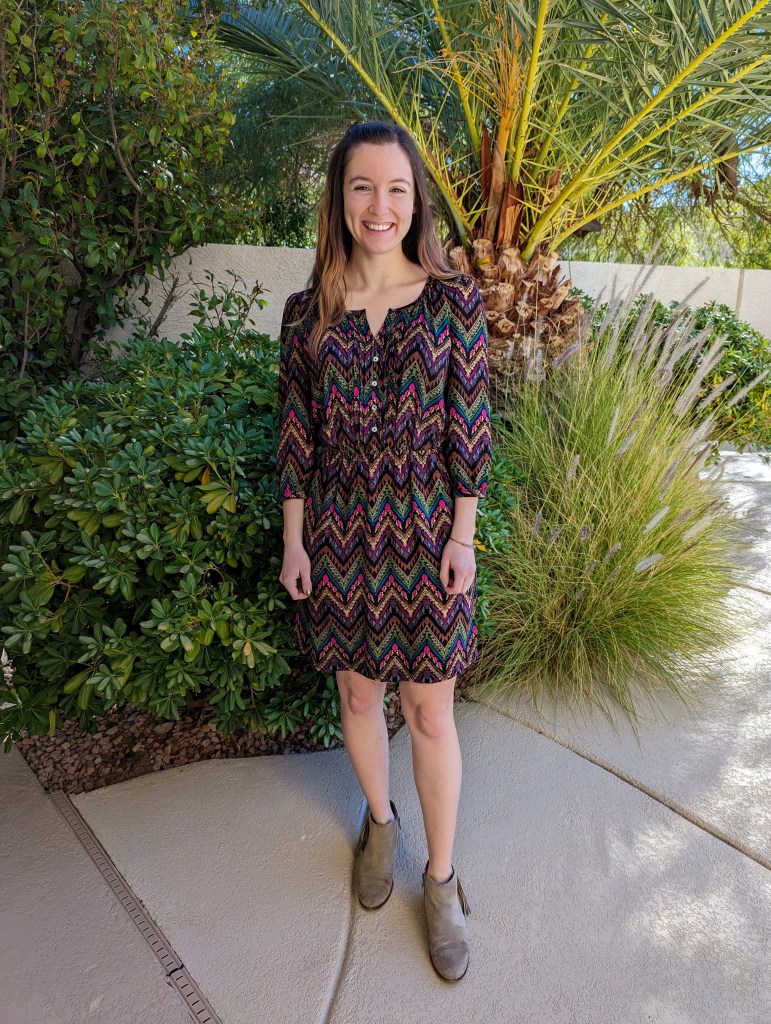 brown-patterned-dress-chevron-charming-charlie-beige-booties