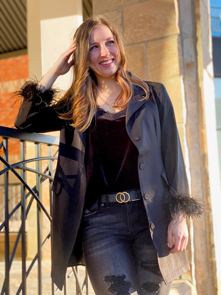 black-feathery-blazer-velvet-top-black-jeans