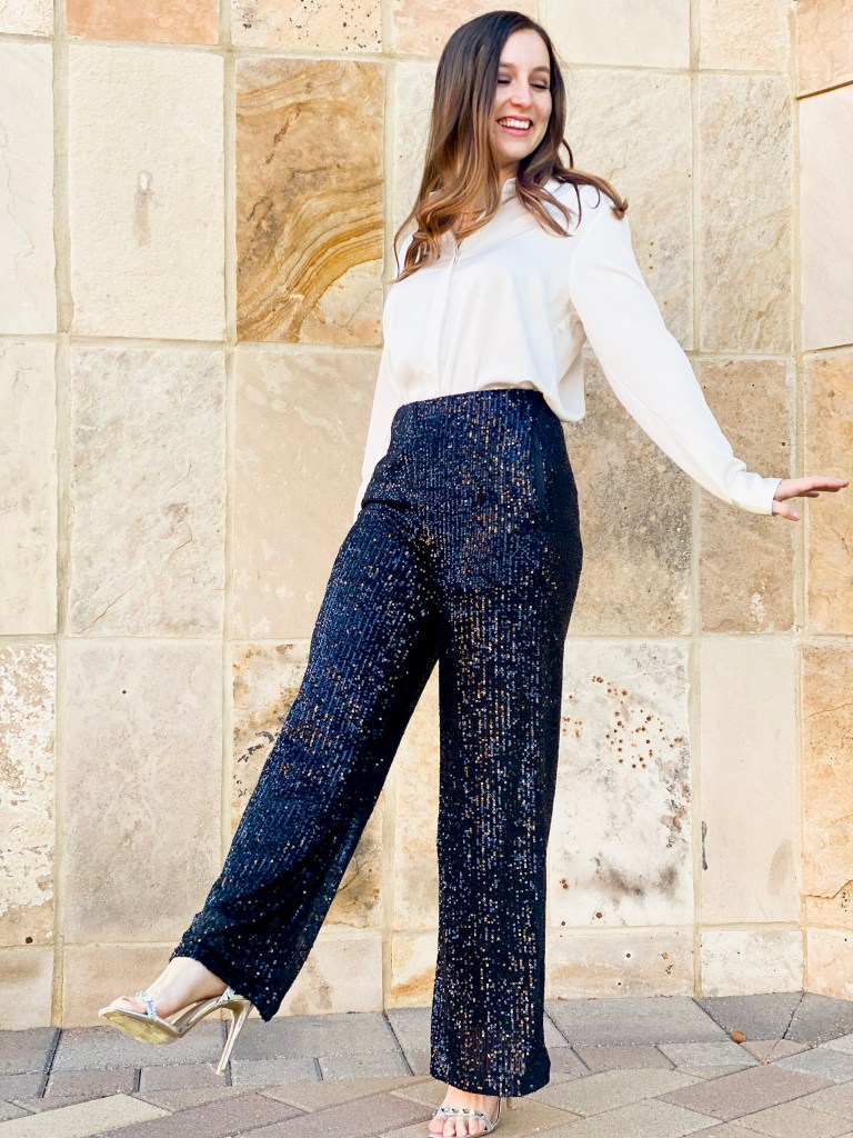 white-blouse-sequin-pants-new-years-eve-outfit-idea