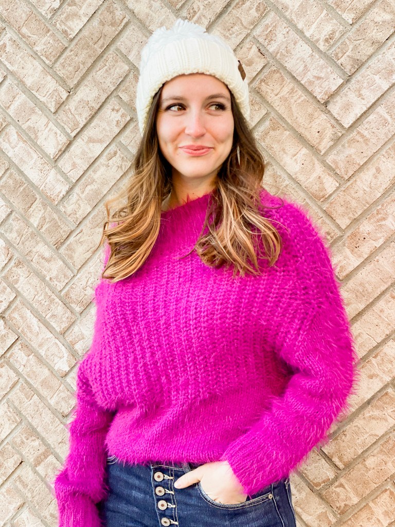 pink-sweater-white-beanie-winter-outfit-apricot-lane-boutique