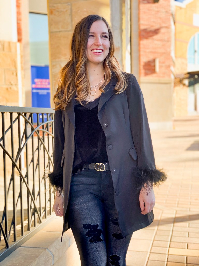 black-feather-blazer-velvet-top-black-jeans