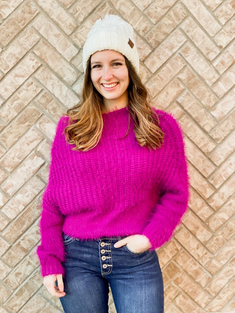 hot-pink-sweater-white-beanie-button-fly-jeans