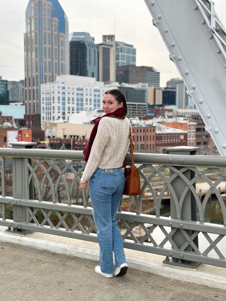 cableknit-sweater-pedestrian-bridge-nashville-brown-leather-purse