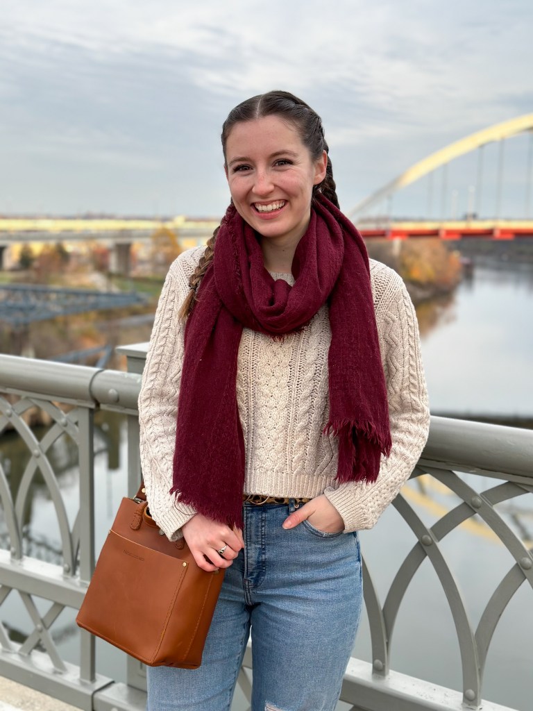November-month-in-review-maroon-scarf-beige-sweater-brown-purse-portland-leather-co