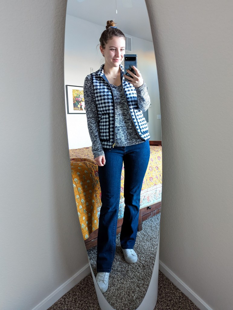 navy-and-white-sweater-buffalo-check-vest-jcrew-white-sneakers