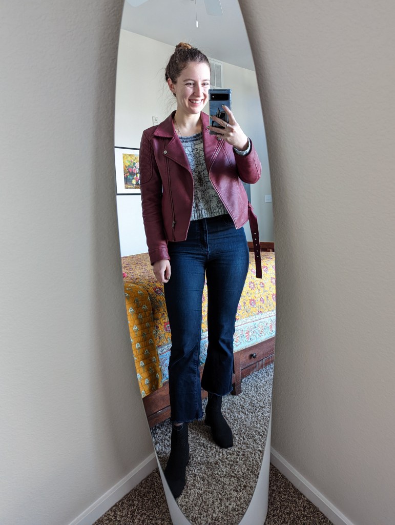 cropped-flared-jeans-vivaia-booties-maroon-moto-jacket