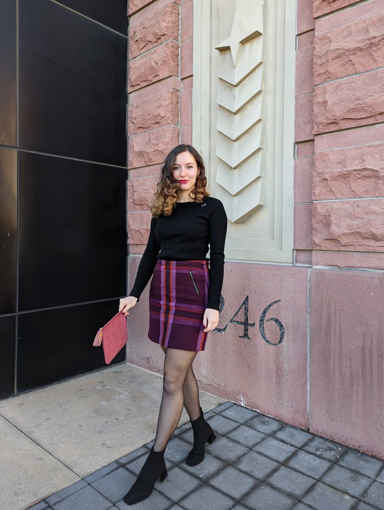 plaid-skirt-sheer-tights-black-vivaia-booties-ribbed-sweater