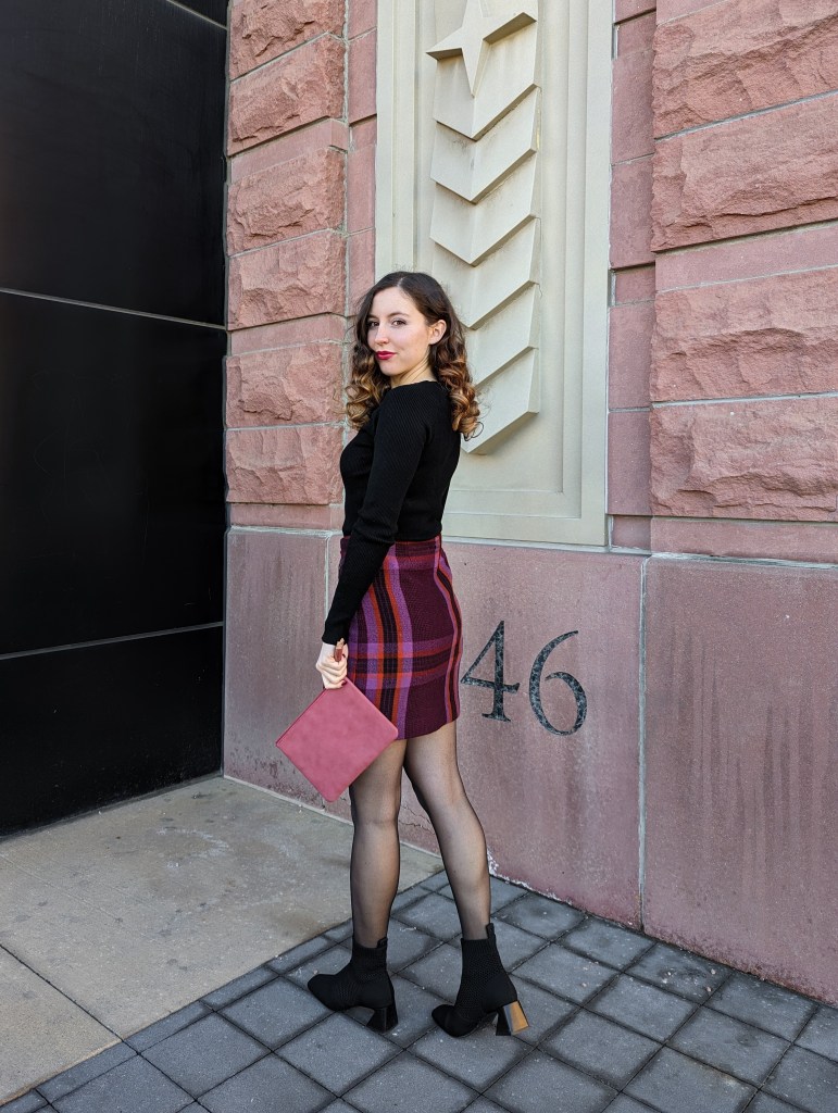 vivaia-sustainable-footwear-plaid-skirt-sheer-tights-date-night-outfit