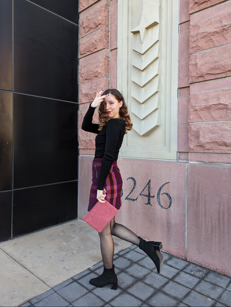 black-ribbed-sweater-plaid-skirt-francescas-purse-black-booties