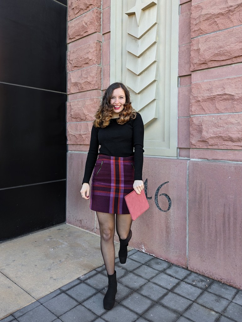 plaid-skirt-black-booties-sheer-tights-ribbed-sweater